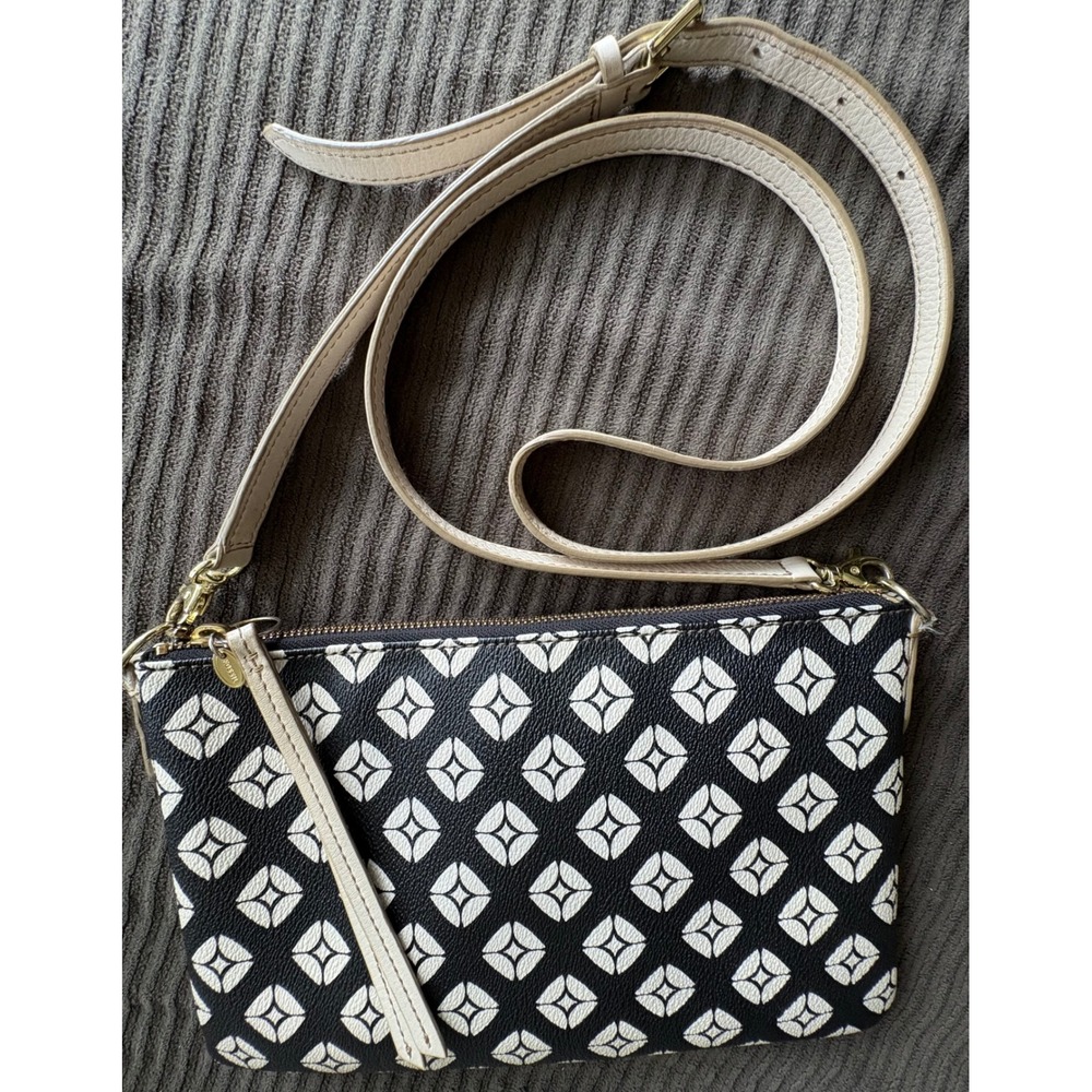 Fossil Womens Crossbody Clutch Black White Pattern Bag Purse‎ Removable Strap